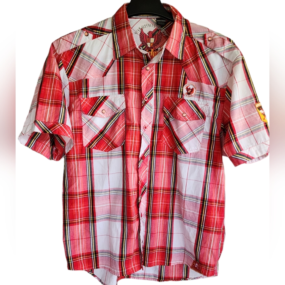Vtg Raider‎ Jean Co. Infringement Plaid Western Shirt Men's Large Y2K Streetwear